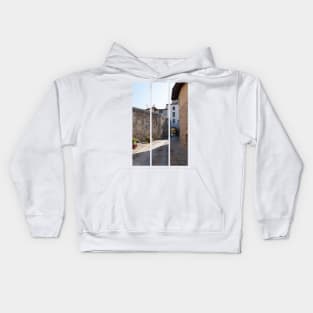 North Italy Life in the center of the lombard medieval city. Walking through narrow streets and walls. Sunny summer day. (vertical) Kids Hoodie